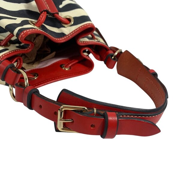 DOONEY BOURKE Zebra Drawstring Bucket Bag Red Leather Trim Buckle Strap EUC - Picture 8 of 15